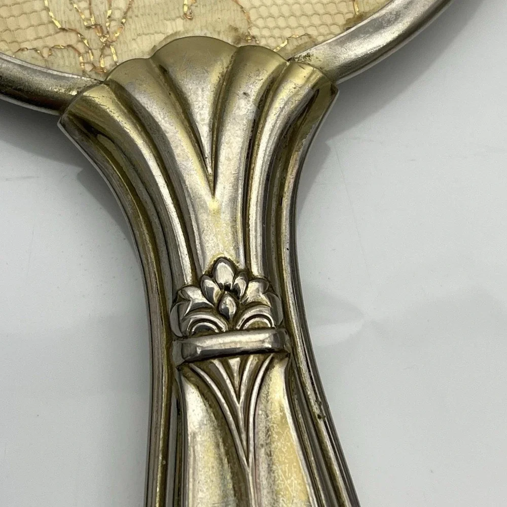 Vintage 60s Gold Tone Ornate Laced Vanity Dresser Hand Mirror Brush Set Made USA